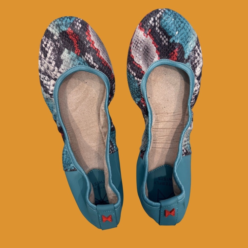 Butterfly Twists Ballet Flats Womens 39 Teal Snakeskin Print Foldable Excellent